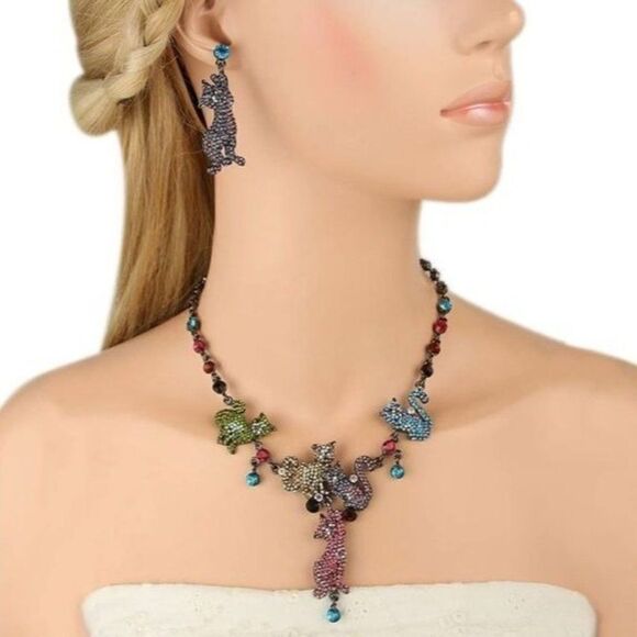 Hematite Black Multicolored Austrian Crystal Kitty Cat Necklace and Earrings Set - Picture 5 of 7